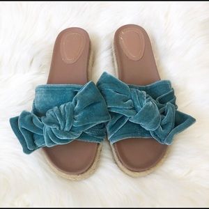Zara teal velvet bow slides